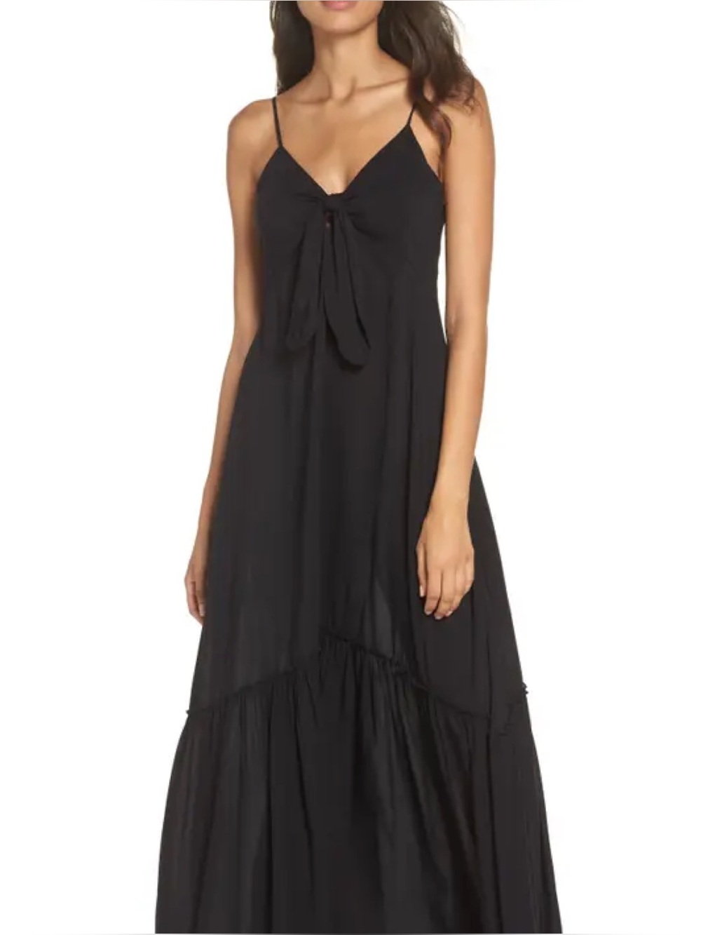 Elan V-Neck Sleeveless Tiered Front Tie Maxi Dress
